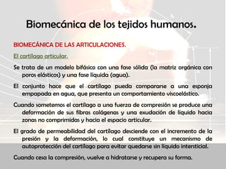 Biomecánica de los tejidos humanos.
BIOMECÁNICA DE LAS ARTICULACIONES.
El cartílago articular.
Se trata de un modelo bifásico con una fase sólida (la matriz orgánica con
poros elásticos) y una fase líquida (agua).
El conjunto hace que el cartílago pueda compararse a una esponja
empapada en agua, que presenta un comportamiento viscoelástico.
Cuando sometemos el cartílago a una fuerza de compresión se produce una
deformación de sus fibras colágenas y una exudación de líquido hacia
zonas no comprimidas y hacia el espacio articular.
El grado de permeabilidad del cartílago desciende con el incremento de la
presión y la deformación, lo cual constituye un mecanismo de
autoprotección del cartílago para evitar quedarse sin líquido intersticial.
Cuando cesa la compresión, vuelve a hidratarse y recupera su forma.
 