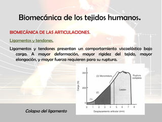 Biomecánica de los tejidos humanos.
BIOMECÁNICA DE LAS ARTICULACIONES.
Ligamentos y tendones.
Ligamentos y tendones presentan un comportamiento viscoelástico bajo
carga. A mayor deformación, mayor rigidez del tejido, mayor
elongación, y mayor fuerza requieren para su ruptura.
Colapso del ligamento
 
