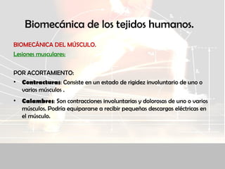 Biomecánica de los tejidos humanos.
BIOMECÁNICA DEL MÚSCULO.
Lesiones musculares:
POR ACORTAMIENTO:
• Contracturas: Consiste en un estado de rigidez involuntario de uno o
varios músculos .
• Calambres: Son contracciones involuntarias y dolorosas de uno o varios
músculos. Podría equipararse a recibir pequeñas descargas eléctricas en
el músculo.
 
