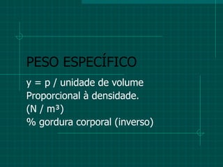 PESO ESPECÍFICO y = p / unidade de volume Proporcional à densidade. (N / m³) % gordura corporal (inverso) 