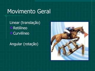 Movimento Geral Linear (translação) Retilíneo Curvilíneo Angular (rotação) 