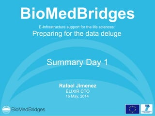 E-Infrastructure support for the life sciences:
Preparing for the data deluge
Rafael Jimenez
ELIXIR CTO
16 May, 2014
BioMedBridges
Summary Day 1
 
