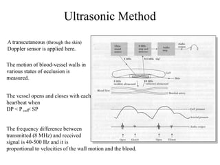 Ultrasonic Method
A transcutaneous (through the skin)
Doppler sensor is applied here.
The motion of blood-vessel walls in
various states of occlusion is
measured.
The frequency difference between
transmitted (8 MHz) and received
signal is 40-500 Hz and it is
proportional to velocities of the wall motion and the blood.
The vessel opens and closes with each
heartbeat when
DP < P < SPcuff
 