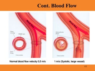 122
Cont. Blood Flow
Normal blood flow velocity 0,5 m/s 1 m/s (Systolic, large vessel)
 