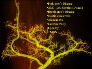 •Parkinson's Disease
•ALS - Lou Gehrig’s Disease
•Huntington’s Disease
•Multiple Sclerosis
•Alzheimer's
•Cerebral Palsy
•Epilepsy
•? SIDS
 