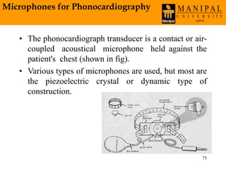 75
• The phonocardiograph transducer is a contact or air-
coupled acoustical microphone held against the
patient's chest (shown in fig).
• Various types of microphones are used, but most are
the piezoelectric crystal or dynamic type of
construction.
Microphones for Phonocardiography
 