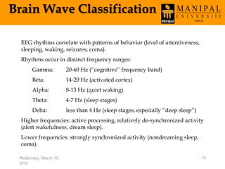 Brain Wave Classification
Wednesday, March 30,
2016
79
EEG rhythms correlate with patterns of behavior (level of attentiveness,
sleeping, waking, seizures, coma).
Rhythms occur in distinct frequency ranges:
Gamma: 20-60 Hz (“cognitive” frequency band)
Beta: 14-20 Hz (activated cortex)
Alpha: 8-13 Hz (quiet waking)
Theta: 4-7 Hz (sleep stages)
Delta: less than 4 Hz (sleep stages, especially “deep sleep”)
Higher frequencies: active processing, relatively de-synchronized activity
(alert wakefulness, dream sleep).
Lower frequencies: strongly synchronized activity (nondreaming sleep,
coma).
 