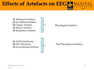 Effects of Artefacts on EEG
Wednesday, March 30,
2016
81
 Biological Artefacts
 Eye Induced Artefacts
 Cardiac Artefacts
 Muscle Artefacts
 Respiration Artefacts
Physiological Artefacts
 60 Hz Interference
 EEG Electrodes
 Environmental Artefacts
Non Physiological Artefacts
 