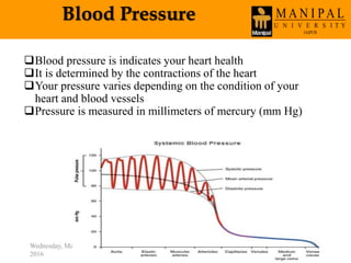 Blood Pressure
Wednesday, March 30,
2016
84
Blood pressure is indicates your heart health
It is determined by the contractions of the heart
Your pressure varies depending on the condition of your
heart and blood vessels
Pressure is measured in millimeters of mercury (mm Hg)
 