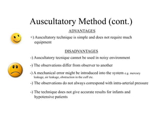 Auscultatory Method (cont.)
-) The observations differ from observer to another
-) A mechanical error might be introduced into the system e.g. mercury
leakage, air leakage, obstruction in the cuff etc.
-) The observations do not always correspond with intra-arterial pressure
-) Auscultatory tecnique cannot be used in noisy environment
+) Auscultatory technique is simple and does not require much
equipment
ADVANTAGES
DISADVANTAGES
-) The technique does not give accurate results for infants and
hypotensive patients
 
