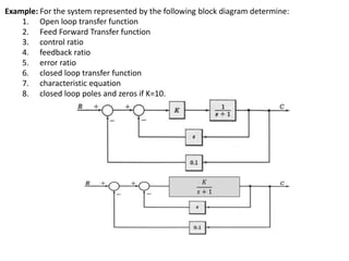 Example: For the system represented by the following block diagram determine:
1. Open loop transfer function
2. Feed Forward Transfer function
3. control ratio
4. feedback ratio
5. error ratio
6. closed loop transfer function
7. characteristic equation
8. closed loop poles and zeros if K=10.
𝐾
𝑠 + 1
 