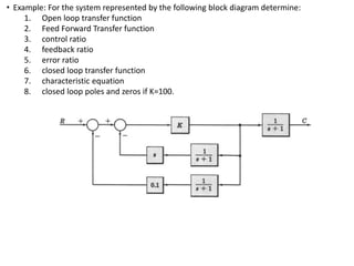 • Example: For the system represented by the following block diagram determine:
1. Open loop transfer function
2. Feed Forward Transfer function
3. control ratio
4. feedback ratio
5. error ratio
6. closed loop transfer function
7. characteristic equation
8. closed loop poles and zeros if K=100.
 