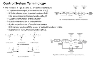 • The variables in Figs. 1.6 and 1.7 are defined as follows:
• C(s) controlled output, transfer function of c(t)
• D(s) disturbance input, transfer function of d(t)
• Ea(s) actuating error, transfer function of ea(t)
• Ga(s) transfer function of the actuator
• Gc(s) transfer function of the controller
• Gp(s) transfer function of the plant or process
• H(s) transfer function of the sensor or output transducer = Gs(s)
• R(s) reference input, transfer function of r(t).
Control System Terminology
 