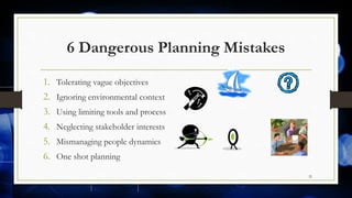 6 Dangerous Planning Mistakes
1. Tolerating vague objectives
2. Ignoring environmental context
3. Using limiting tools and process
4. Neglecting stakeholder interests
5. Mismanaging people dynamics
6. One shot planning
32
 