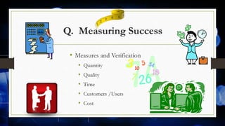 Q. Measuring Success
• Measures and Verification
• Quantity
• Quality
• Time
• Customers /Users
• Cost
34
 