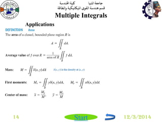 جامعة المنيا كلية الهندسة 
قسم هندسة القوى الميكانيكية والطاقة 
Start 
Multiple Integrals 
14 12/3/2014 
Applications 
 