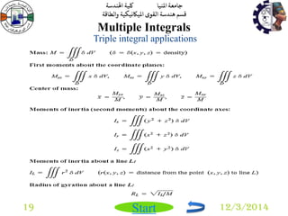 جامعة المنيا كلية الهندسة 
قسم هندسة القوى الميكانيكية والطاقة 
Start 
Multiple Integrals 
19 12/3/2014 
Triple integral applications 
 