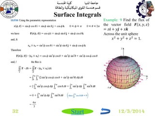 جامعة المنيا كلية الهندسة 
قسم هندسة القوى الميكانيكية والطاقة 
Start 
Surface Integrals 
32 12/3/2014 
Example: 9 Find the flux of 
the vector field 푭 푥, 푦, 푧 
= 푧풊 + 푦풋 + 푥풌 
Across the unit sphere 
푥2 + 푦2 + 푧2 = 1. 
 