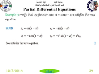 جامعة المنيا كلية الهندسة 
قسم هندسة القوى الميكانيكية والطاقة 
Start 
Partial Differential Equations 
12/3/2014 39 
Example 13: verify that the function 푢(푥, 푡) = sin(푥 − 푎푡) satisfies the wave 
equation. 
 