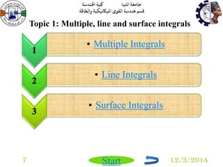 جامعة المنيا كلية الهندسة 
قسم هندسة القوى الميكانيكية والطاقة 
Start 
1 
• Multiple Integrals 
2 
• Line Integrals 
3 
• Surface Integrals 
Topic 1: Multiple, line and surface integrals 
7 12/3/2014 
 