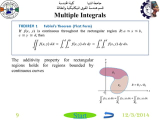 جامعة المنيا كلية الهندسة 
قسم هندسة القوى الميكانيكية والطاقة 
Start 
Multiple Integrals 
9 12/3/2014 
The additivity property for rectangular 
regions holds for regions bounded by 
continuous curves 
 