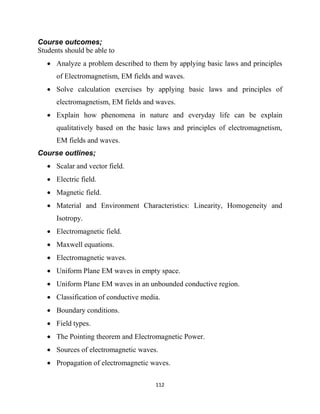 112
Course outcomes;
Students should be able to
 Analyze a problem described to them by applying basic laws and principles
of Electromagnetism, EM fields and waves.
 Solve calculation exercises by applying basic laws and principles of
electromagnetism, EM fields and waves.
 Explain how phenomena in nature and everyday life can be explain
qualitatively based on the basic laws and principles of electromagnetism,
EM fields and waves.
Course outlines;
 Scalar and vector field.
 Electric field.
 Magnetic field.
 Material and Environment Characteristics: Linearity, Homogeneity and
Isotropy.
 Electromagnetic field.
 Maxwell equations.
 Electromagnetic waves.
 Uniform Plane EM waves in empty space.
 Uniform Plane EM waves in an unbounded conductive region.
 Classification of conductive media.
 Boundary conditions.
 Field types.
 The Pointing theorem and Electromagnetic Power.
 Sources of electromagnetic waves.
 Propagation of electromagnetic waves.
 
