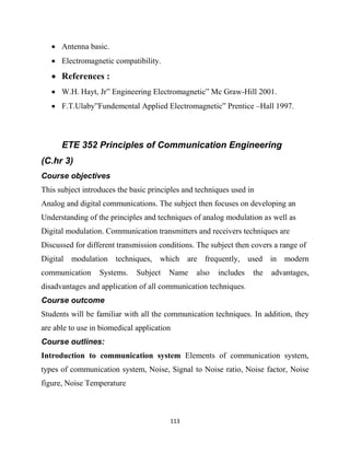 113
 Antenna basic.
 Electromagnetic compatibility.
 References :
 W.H. Hayt, Jr‖ Engineering Electromagnetic‖ Mc Graw-Hill 2001.
 F.T.Ulaby‖Fundemental Applied Electromagnetic‖ Prentice –Hall 1997.
ETE 352 Principles of Communication Engineering
(C.hr 3)
Course objectives
This subject introduces the basic principles and techniques used in
Analog and digital communications. The subject then focuses on developing an
Understanding of the principles and techniques of analog modulation as well as
Digital modulation. Communication transmitters and receivers techniques are
Discussed for different transmission conditions. The subject then covers a range of
Digital modulation techniques, which are frequently, used in modern
communication Systems. Subject Name also includes the advantages,
disadvantages and application of all communication techniques.
Course outcome
Students will be familiar with all the communication techniques. In addition, they
are able to use in biomedical application
Course outlines:
Introduction to communication system Elements of communication system,
types of communication system, Noise, Signal to Noise ratio, Noise factor, Noise
figure, Noise Temperature
 