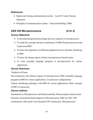 115
References:
 Digital and Analog communication system – Leon W Couch, Pearson
Education
 Principles of communication system – Taub and Schilling, TMH.
CEG 353 Microprocessors (C.hr 3)
Course Objectives
 To develop background knowledge and core expertise in microprocessor.
 To study the concepts and basic architecture of 8086 Pentium processor and
Coprocessor8087.
 To know the importance of different peripheral devices and their interfacing
to 8086.
 To know the design aspects of basic microprocessor based system.
 To write assembly language programs in microprocessor for various
applications.
Course Outcomes
Students will learn:
The architecture and software aspects of microprocessor 8086 Assembly language
program in 8086 for various applications. Co-processor configurations.
Various interfacing techniques with 8086 for various applications. Basic concepts
of 8087 Co-processor.
Course outlines:
Introduction to Microprocessor and Microcontroller, Microcomputer based system
Elements, Generalized block diagram of Microprocessor, RISC & CISC CPU
Architectures, Harvard & Von-Neumann CPU architecture, Microprocessor
 