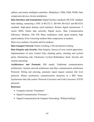 118
splitters and remote intelligent controllers. Multiplexer: TDM, FDM, WDM. Data
compression devices, Inverse multiplexer.
Data Interfaces and transmission: Digital interface standards; RS-232C standard,
hand shaking, connecting a DTE in RS-232 C, RS-449, RS-422A and RS-423A
standards. High-speed desktop serial interfaces. Remote digital transmission: T
carrier ISDN, Packet data networks, Digital access. Data Communication
Efficiency: Modems, AM, FM, Phase modulation, multi speed modems, high
speed modems, Error Correcting modems Data compression in modems.
Short wave modems, Facsimile and Fax modems.
Data transport Network: Packet switching, LAN and Internet working
Data Integrity and, Security: Data Integrity, Sources of error control approaches.
Implementation of error Control Echo checking parity, checking and cyclical
parity, Hammering code, Checksums, Cyclical Redundancy check. Security and
security measuring.
Architectures and Protocols: OSI model, Traditional communications
architectures: Systems network architecture and other communication architecture
Protocols: Polling and selecting, automatic repeat request common link level
protocols. Binary synchronous communications characters in a BSC frame,
Synchronous data link control. Protocols Converters and Code Converters TCP/IP
protocols.
Reference:
 Computer network ―Tenenbum‖.
 Digital Communication ―Forouzen ―.
 Digital Communication & Computer Networking ―William Stalling‖.
 