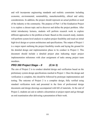 121
and will incorporate engineering standards and realistic constraints including
economic, environmental, sustainability, manufacturability, ethical and safety
considerations. In addition, the project should represent an actual problem or need
of the industry or the community. The purpose of Part 1 of the Graduation Project
is to explore a chosen topic and to discover and define the project problem. After
initial introductory lectures, students will perform research work to explore
different approaches to the problem at hand. Based on this research study, students
will perform system level analysis to explore project feasibility and reach an initial
high-level design or system architecture and specifications. The output of Project 1
is a major report outlining the project feasibility results and laying the ground for
the detailed design and implementation phase to be conduct in Project 2. This
document should include a detailed project plan indicating major project
implementation milestones with clear assignment of tasks among project team
members.
PRO 360 Project Stage – II (C.hr 3)
The aim of Project 2 is to conduct detailed design and verification based on the
preliminary system design specifications reached in Project 1. Once the design and
verification is complete, this should be followed by prototype implementation and
testing. The outcome of Project 2 is a complete design, fully verified using
standard verification tools and presented in the form of professional design
documents and design drawings accompanied with bill of materials. At the end of
Project 2, students are ask to submit a dissertation or project report and go through
an oral examination after delivering a presentation of their work.
 