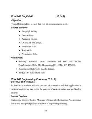 25
HUM 206 English-II (C.hr 2)
Objective;
To enable the students to meet their real life communication needs.
Course outlines;
 Paragraph writing.
 Essay writing.
 Academic writing.
 CV and job application.
 Translation skills.
 Study skills.
 Presentation skills.
References:
 Reading. Advanced. Brian Tomlinson and Rod Ellis. Oxford
Supplementary Skills. Third Impression 1991. ISBN 0 19 4534030.
 Reading and Study Skills by John Langan.
 Study Skills by Riachard York.
HUM 207 Engineering Economy (C.hr 2)
Objective of the Course;
To familiarize students with the concepts of economics and their application in
chemical engineering design for the purpose of cost estimation and profitability
analysis.
Course Outlines:
Engineering economy basics: Measures of financial effectiveness; Non-monetary
factors and multiple objectives; principles of engineering economy.
 