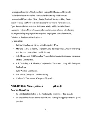 49
Hexadecimal numbers, Octal numbers, Decimal to Binary and Binary to
Decimal number Conversion, Hexadecimal to Binary and Binary to
Hexadecimal Conversion, Binary Coded Decimal Numbers, Grey Code,
Binary to Grey and Grey to Binary number Conversion, Parity in codes.
Open Systems Interconnection Reference Model (OSI), Introduction to
Operation systems, Networks, Algorithm and problem solving, Introduction
To programming languages with emphasis on program control structures,
Data types, functions, data structures.
References:
 Patrick G.Mckeown, Living with Computers 4th
ed
 Marlene Mahu, E-Health, Telehealth, and Telemedicine: A Guide to Startup
and Success (Jossey Bass Health Series)
 A.R.Memon and B.S.Chowdhry Telemedicine Modernization and expansion
of Heat Care System.
 B.S.Choudhry, A.R.Memon, Compupedia: The Art of Living with Computer
Technology .
 Peter Norton, Computers.
 G.B Davis, Computer Data Processing
 Andrew S. Tanenbaum, Computer Networks.
CSC 313 Data Base systems (C.hr 3)
Course Objectives
 To introduce the student to the fundamental concepts of data models
 To expose the student to the methods and techniques appropriate for a given
problem
 