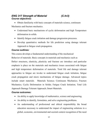 57
ENG 317 Strength of Material (C.hr3)
Course objectives:
 Obtain familiarity with basic concepts of materials science, continuum
Mechanics and fracture mechanics.
 Understand basic mechanisms of cyclic deformation and high Temperature
deformation in solids.
 Identify fatigue crack initiation and damage progression processes.
 Develop quantitative methods for life prediction using damage tolerant
Approach to fatigue crack propagation.
Course outlines:
This course develops a fundamental understanding of the mechanical
Behavior of materials. Basic concepts in materials and mechanics such as
Defect structures, elasticity, plasticity and fracture are introduce and particular
emphasis is place on the materials and mechanics issues associated with fatigue
and high temperature deformation of materials. Total life and damage tolerant
approaches to fatigue are invoke to understand fatigue crack initiation, fatigue
crack propagation and micro mechanisms of fatigue damage. Advanced topics
include smart materials. Materials Science; Continuum Mechanics; Fracture
Mechanics; Cyclic Deformation in Solids; Fatigue Crack Initiation; Total Life
Approach Damage Tolerant Approach; Smart Materials.
Course outcomes:
 An ability to apply knowledge of mathematics, science and engineering.
 An ability to identify, formulates, and solve engineering problems.
 An understanding of professional and ethical responsibility the broad
education necessary to understand the impact of engineering solutions in a
global, economic, environmental and societal context recognition of the need
 