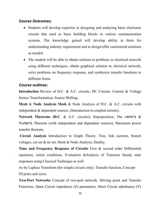 70
Course Outcomes;
 Students will develop expertise in designing and analyzing basic electronic
circuits that used as basic building blocks in various communication
systems. The knowledge gained will develop ability in them for
understanding industry requirement and to design/offer customized solutions
as needed.
 The student will be able to obtain solution to problems in electrical network
using different techniques, obtain graphical solution to electrical network,
solve problems on frequency response, and synthesize transfer functions in
different forms.
Course outlines;
Introduction Review of D.C. & A.C. circuits, DC Circuits: Current & Voltage
Source Transformation, Source Shifting.
Mesh & Node Analysis Mesh & Node Analysis of D.C. & A.C. circuits with
independent & dependent sources. (Introduction to coupled circuits).
Network Theorems (D.C. & A.C. circuits): Superposition, The venin’s &
Norton‘s Theorem (with independent and dependent sources), Maximum power
transfer theorem.
Circuit Analysis Introduction to Graph Theory. Tree, link currents, branch
voltages, cut set & tie set, Mesh & Node Analysis, Duality.
Time and Frequency Response of Circuits First & second order Differential
equations, initial conditions. Evaluation &Analysis of Transient Steady state
responses using Classical Technique as well
As by Laplace Transform (for simple circuits only). Transfer function, Concept
Of poles and zeros.
Two-Port Networks Concept of two-port network. Driving point and Transfer
Functions, Open Circuit impedance (Z) parameters, Short Circuit admittance (Y)
 
