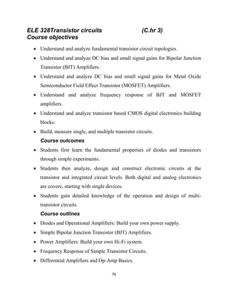 76
ELE 328Transistor circuits (C.hr 3)
Course objectives
 Understand and analyze fundamental transistor circuit topologies.
 Understand and analyze DC bias and small signal gains for Bipolar Junction
Transistor (BJT) Amplifiers.
 Understand and analyze DC bias and small signal gains for Metal Oxide
Semiconductor Field Effect Transistor (MOSFET) Amplifiers.
 Understand and analyze frequency response of BJT and MOSFET
amplifiers.
 Understand and analyze transistor based CMOS digital electronics building
blocks.
 Build, measure single, and multiple transistor circuits.
Course outcomes
 Students first learn the fundamental properties of diodes and transistors
through simple experiments.
 Students then analyze, design and construct electronic circuits at the
transistor and integrated circuit levels. Both digital and analog electronics
are covere, starting with single devices.
 Students gain detailed knowledge of the operation and design of multi-
transistor circuits.
Course outlines
 Diodes and Operational Amplifiers: Build your own power supply.
 Simple Bipolar Junction Transistor (BJT) Amplifiers.
 Power Amplifiers: Build your own Hi-Fi system.
 Frequency Response of Simple Transistor Circuits.
 Differential Amplifiers and Op-Amp Basics.
 