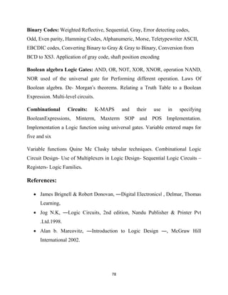 78
Binary Codes: Weighted Reflective, Sequential, Gray, Error detecting codes,
Odd, Even parity, Hamming Codes, Alphanumeric, Morse, Teletypewriter ASCII,
EBCDIC codes, Converting Binary to Gray & Gray to Binary, Conversion from
BCD to XS3. Application of gray code, shaft position encoding
Boolean algebra Logic Gates: AND, OR, NOT, XOR, XNOR, operation NAND,
NOR used of the universal gate for Performing different operation. Laws Of
Boolean algebra. De- Morgan‘s theorems. Relating a Truth Table to a Boolean
Expression. Multi-level circuits.
Combinational Circuits: K-MAPS and their use in specifying
BooleanExpressions, Minterm, Maxterm SOP and POS Implementation.
Implementation a Logic function using universal gates. Variable entered maps for
five and six
Variable functions Quine Mc Clusky tabular techniques. Combinational Logic
Circuit Design- Use of Multiplexers in Logic Design- Sequential Logic Circuits –
Registers- Logic Families.
References:
 James Brignell & Robert Donovan, ―Digital Electronics‖ , Delmar, Thomas
Learning,
 Jog N.K, ―Logic Circuits, 2nd edition, Nandu Publisher & Printer Pvt
.Ltd.1998.
 Alan b. Marcovitz, ―Introduction to Logic Design ―, McGraw Hill
International 2002.
 