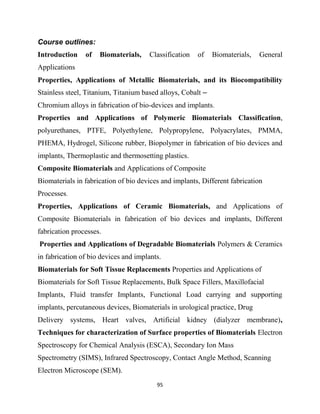 95
Course outlines:
Introduction of Biomaterials, Classification of Biomaterials, General
Applications
Properties, Applications of Metallic Biomaterials, and its Biocompatibility
Stainless steel, Titanium, Titanium based alloys, Cobalt –
Chromium alloys in fabrication of bio-devices and implants.
Properties and Applications of Polymeric Biomaterials Classification,
polyurethanes, PTFE, Polyethylene, Polypropylene, Polyacrylates, PMMA,
PHEMA, Hydrogel, Silicone rubber, Biopolymer in fabrication of bio devices and
implants, Thermoplastic and thermosetting plastics.
Composite Biomaterials and Applications of Composite
Biomaterials in fabrication of bio devices and implants, Different fabrication
Processes.
Properties, Applications of Ceramic Biomaterials, and Applications of
Composite Biomaterials in fabrication of bio devices and implants, Different
fabrication processes.
Properties and Applications of Degradable Biomaterials Polymers & Ceramics
in fabrication of bio devices and implants.
Biomaterials for Soft Tissue Replacements Properties and Applications of
Biomaterials for Soft Tissue Replacements, Bulk Space Fillers, Maxillofacial
Implants, Fluid transfer Implants, Functional Load carrying and supporting
implants, percutaneous devices, Biomaterials in urological practice, Drug
Delivery systems, Heart valves, Artificial kidney (dialyzer membrane),
Techniques for characterization of Surface properties of Biomaterials Electron
Spectroscopy for Chemical Analysis (ESCA), Secondary Ion Mass
Spectrometry (SIMS), Infrared Spectroscopy, Contact Angle Method, Scanning
Electron Microscope (SEM).
 