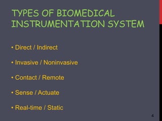 • Direct / Indirect
• Invasive / Noninvasive
• Contact / Remote
• Sense / Actuate
• Real-time / Static
TYPES OF BIOMEDICAL...