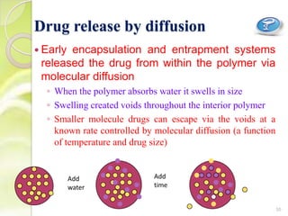 Drug release by diffusion
 Early encapsulation and entrapment systems
released the drug from within the polymer via
molecular diffusion
◦ When the polymer absorbs water it swells in size
◦ Swelling created voids throughout the interior polymer
◦ Smaller molecule drugs can escape via the voids at a
known rate controlled by molecular diffusion (a function
of temperature and drug size)
Add
water
Add
time
35
 