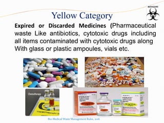 Yellow Category
Expired or Discarded Medicines (Pharmaceutical
waste Like antibiotics, cytotoxic drugs including
all items contaminated with cytotoxic drugs along
With glass or plastic ampoules, vials etc.
Bio-Medical Waste Management Rules, 2016
 