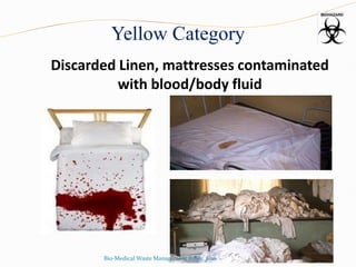 Yellow Category
Discarded Linen, mattresses contaminated
with blood/body fluid
Bio-Medical Waste Management Rules, 2016
 