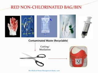 RED NON-CHLORINATED BAG/BIN
Contaminated Waste (Recyclable)
Cutting/
Mutilation
Bio-Medical Waste Management Rules, 2016
 