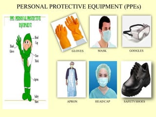 PERSONAL PROTECTIVE EQUIPMENT (PPEs)
GLOVES MASK GOOGLES
APRON SAFETYSHOES
HEAD CAP
 