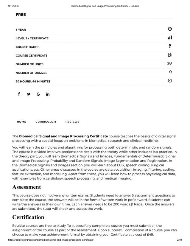 Biomedical Signal and Image Processing Certificate - Edukite | PDF