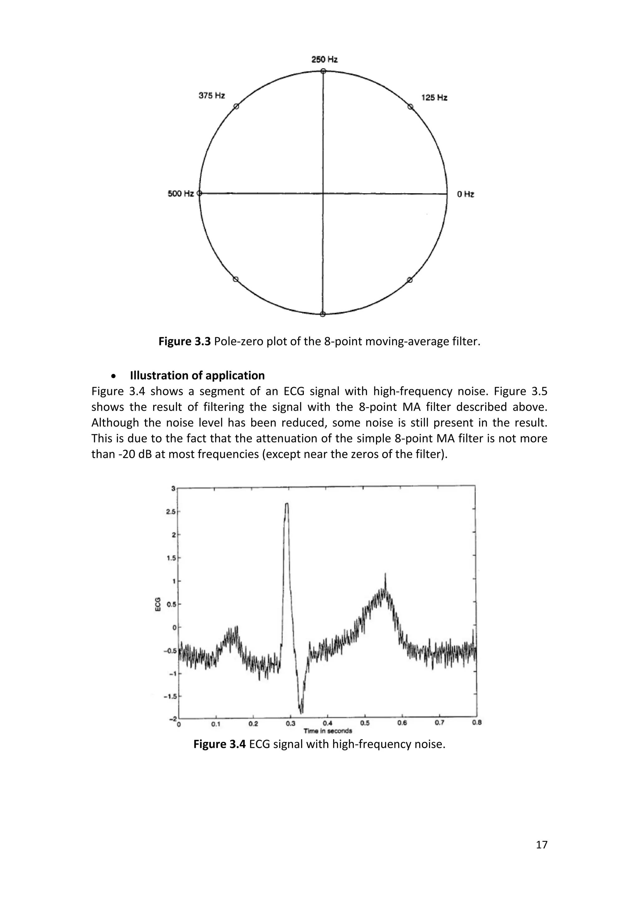 17 
Figure 3.3 Pole-zero plot of the 8-point moving-average filter. 
 Illustration of application 
Figure 3.4 shows a segment of an ECG signal with high-frequency noise. Figure 3.5 shows the result of filtering the signal with the 8-point MA filter described above. Although the noise level has been reduced, some noise is still present in the result. This is due to the fact that the attenuation of the simple 8-point MA filter is not more than -20 dB at most frequencies (except near the zeros of the filter). 
Figure 3.4 ECG signal with high-frequency noise. 
 