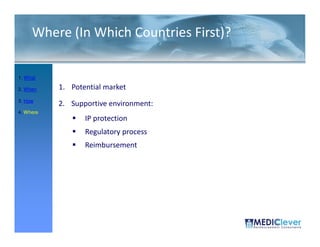 Where (In Which Countries First)?

1. What

2. When    1. Potential market
3. How
           2. Supportive environment:
4. Where
                  IP protection
                  Regulatory process
                  Reimbursement




 38 / 51
 