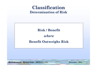 Classification
Determination of Risk




    Risk / Benefit
        where
Benefit Outweighs Risk




                         December 2011
 