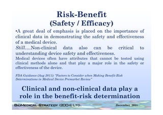 Risk-Benefit
                      (Safety / Efficacy)
•A great deal of emphasis is placed on the importance of
clinical data in demonstrating the safety and effectiveness
of a medical device.
Still….Non-clinical data also can be critical to
understanding device safety and effectiveness.
Medical devices often h
M di l d i          ft   have attributes th t cannot b t t d using
                               tt ib t   that      t be tested i
clinical methods alone and that play a major role in the safety or
effectiveness of the device.
FDA Guidance (Aug 2011): “Factors to Consider when Making Benefit-Risk
Determinations in Medical Device Premarket Review”


   Clinical and non-clinical data play a
  role in the benefit-risk determination
                                                                 December 2011
 