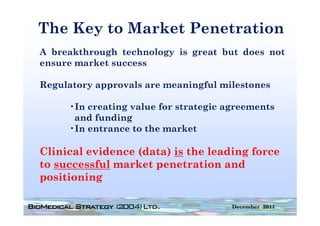 The Key to Market Penetration
      y
A breakthrough technology is great but does not
ensure
ens re market s ccess
              success

Regulatory approvals are meaningful milestones

     •In creating value for strategic agreements
      and funding
     •In entrance to the market

Clinical evidence (data) is the leading force
to successful market penetration and
positioning

                                       December 2011
 