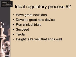 Ideal regulatory process #2
•   Have great new idea
•   Develop great new device
•   Run clinical trials
•   Succeed
•   Ta-da
•   Insight: all’s well that ends well
 